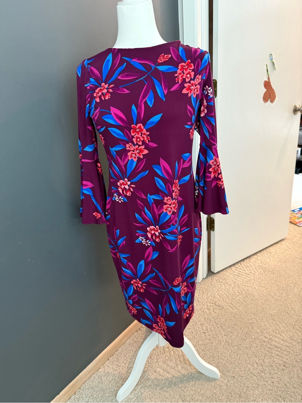 Calvin Klein Floral Bell-Sleeve Sheath Dress in Plum